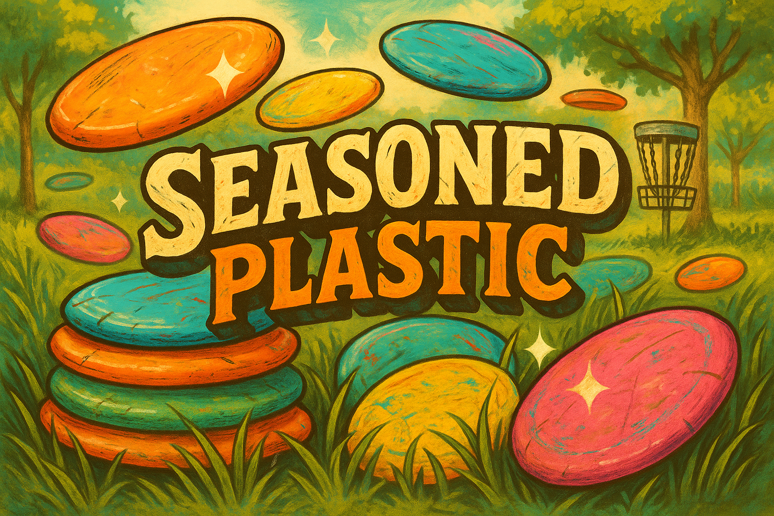 Colorful disc golf discs that are diamonds in the rough, rare finds, or beat in but still great discs. We want a graphic for a used disc golf disc store called Seasoned Plastic