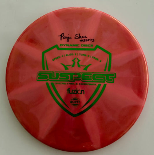 Dynamic Discs Fuzion Burst Suspect — Paige Shue (2018 World Champion) Signed — 173g